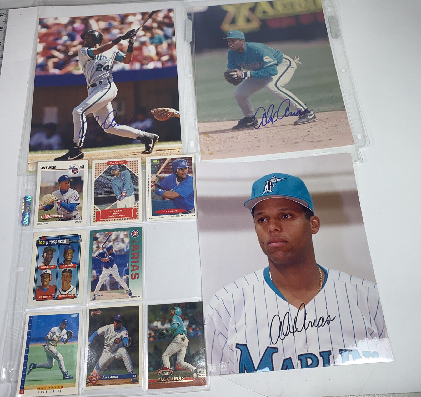 Alex Arias Florida Marlins 3 Autographed Signed 8x10 Photos + 8 Baseball Cards